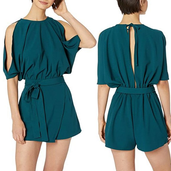 BISHOP + YOUNG Off Duty Teal Cold Shoulder Open Back Crepe Belted Romper - Picture 1 of 3